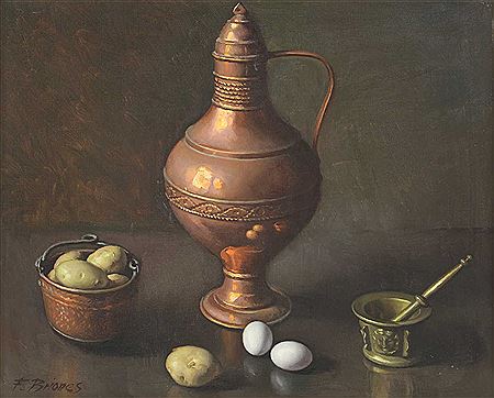 STILL LIFE OF A COPPER JUG, POTATOES AND EGGS