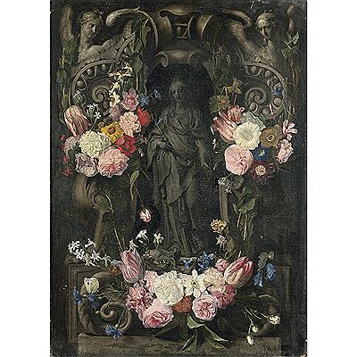 Guirlandes de fleurs entourant un trompe-l'œil sculpté représentant sainte élisabeth