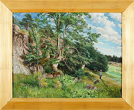 Jägare med hund på blomsteräng by Fanny Hjelm - Auction record, sale price, and art valuation. Compare with similar artists and explore comparable artworks.