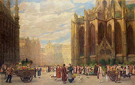 The Sint Pieterskerk and the Gothic townhal on the Grote Markt in Leuven, Belgium