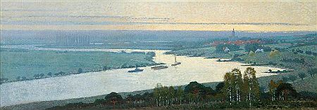 A landscape along the river Rhine with Rhenen in the distance