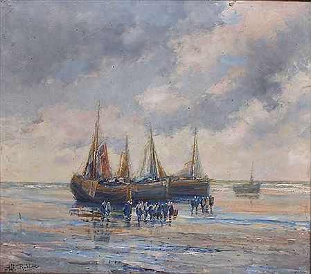 Fischer mit Fischerbooten am Strand