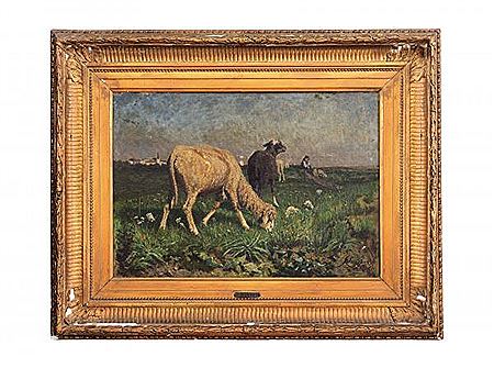 Landscape with rural farmer and sheep