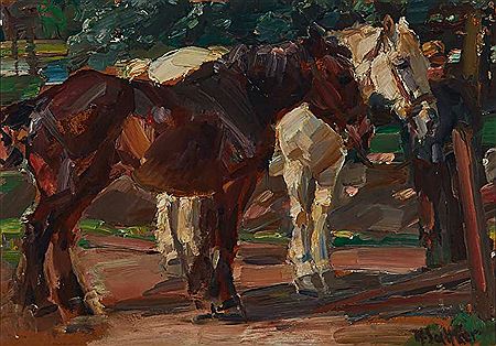 DRAFT HORSES AND HANDLER IN A SHADY SPOT