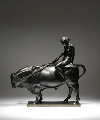 An Art Deco bronze group of Europa and the bull, depicting a nude female astride the beast holding its reins by Hermann Haase-Ilsenburg - Auction record, sale price, and art valuation. Compare with similar artists and explore comparable artworks.