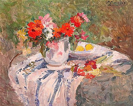 Still life of summer flowers on a table by Victor Simonin - Auction record, sale price, and art valuation. Compare with similar artists and explore comparable artworks.
