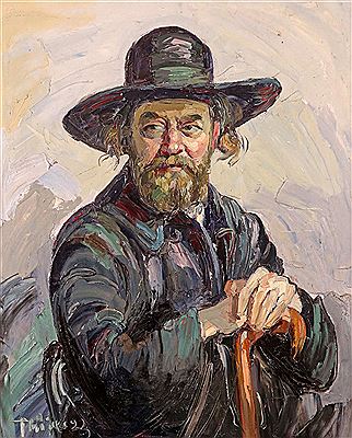 Portrait of L. J. Rousseau, half length wearing a hat and holding a stick