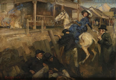 Kate Kelly during the last stand of the Kelly Gang by George Washington Thomas Lambert - Auction record, sale price, and art valuation. Compare with similar artists and explore comparable artworks.
