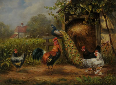 Hinterhofszene mit Hühnern und Pfau by Josef Hofbauer - Auction record, sale price, and art valuation. Compare with similar artists and explore comparable artworks.