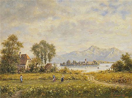 Chiemseelandschaft - Heuernte mit Blick auf die Fraueninsel