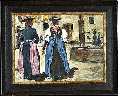 Tiroler Frauen in Tracht in Rückenansicht mit Dorfbrunnen