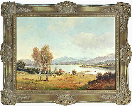Chiemseelandschaft mit Bauern bei der Heuernte