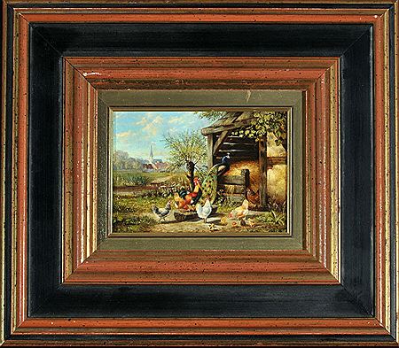 Hahn, Hühner und Pfau am Heustadel