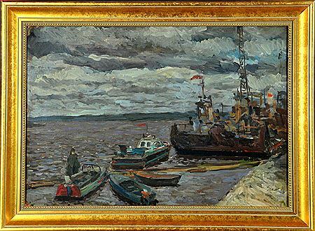 Boote und Schiffe im Hafen bei Gewitterstimmung