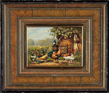 Hahn, Hennen und Pfau am Stall mit Weinlaub