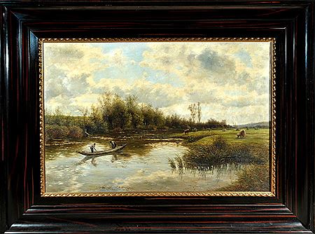 "Fischer am Fluss mit weidenden Kühen"