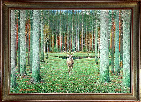 "Hubertus-Hirsch auf Waldlichtung"