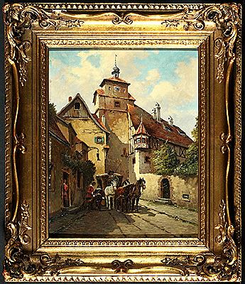 "Pferdekutsche vor Gasthaus in einer Altstadtgasse"