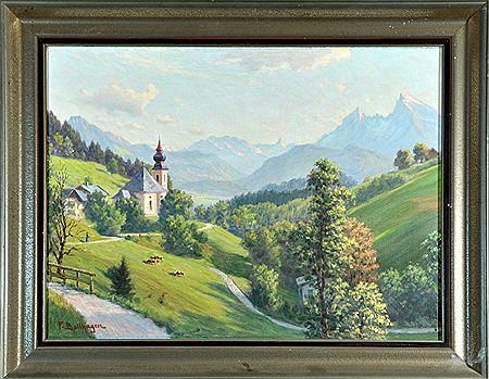 "Blick auf den Watzmann mit Wallfahrtskirche Maria Gern"