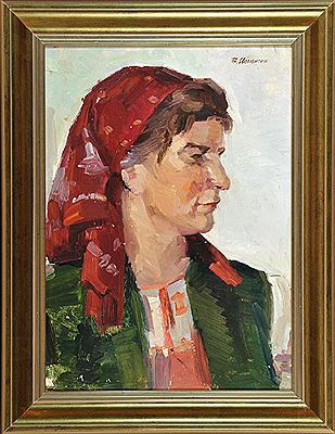 "Portrait einer Dame mit rotem Kopftuch im Profil"
