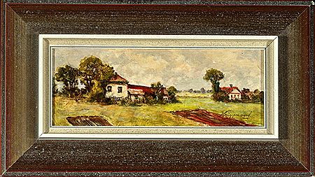 "Zwei Gehöfte in ebener Landschaft"