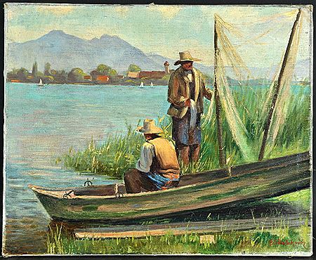 "Chiemseefischer am Ufer mit Blick auf die Fraueninsel" by Bernhard Silvester Schmitz - Auction record, sale price, and art valuation. Compare with similar artists and explore comparable artworks.