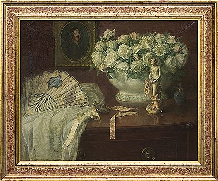 Still Life with a Fan and White Roses