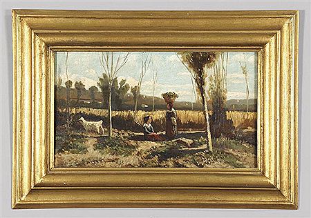 Campo di grano con contadinelle e capretta