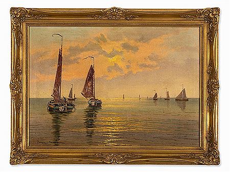 Fishing Boats at Dusk, circa 1930 by Ernst Hugo Lorenz - Murowana - Auction record, sale price, and art valuation. Compare with similar artists and explore comparable artworks.