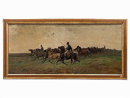 Horse Drovers in the Steppe, 1881 by Giuseppe Raggio - Auction record, sale price, and art valuation. Compare with similar artists and explore comparable artworks.