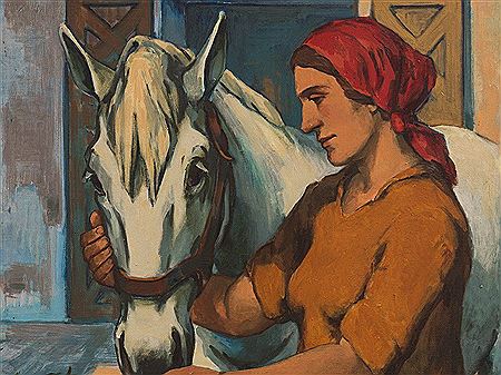 Farmwoman with White Horse, c. 1950 by Erich Fraass - Auction record, sale price, and art valuation. Compare with similar artists and explore comparable artworks.