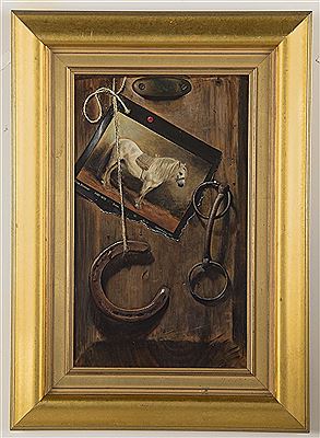 HORSESHOE, BRIDLE BIT, AND A ROSA BOHEUR PAINTING OF A HORSE