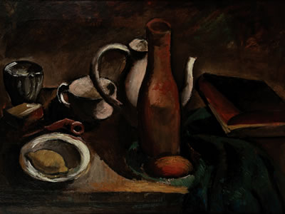 Still life with book, containers, smoking and lemon