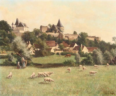 Bergère devant un Château Français Fortifié