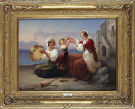Lichtdurchflutete Genreszene mit zwei Frauen, die in ein musizierendes Spiel mit einem Kleinkind versunken sind, im Hintergrund ist der Vesuv zu sehen.