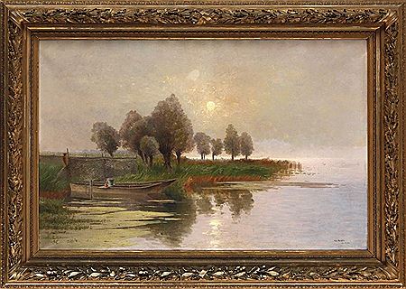 Norddeutsche Seenlandschaft.- Stimmungsvolle, in das silbrige Licht des aufgehenden Mondes getauchte Uferansicht mit Fischerbooten im Schilf