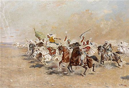 Orientalische Reiter stürmen in den Kampf.- Durch kraftvolle Pinselführung inszenierte, hoch dynamische Szene