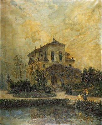 Palladian villa with pond and figures