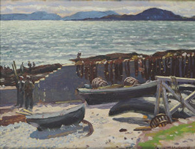 Fishermen and Currachs on the Shore