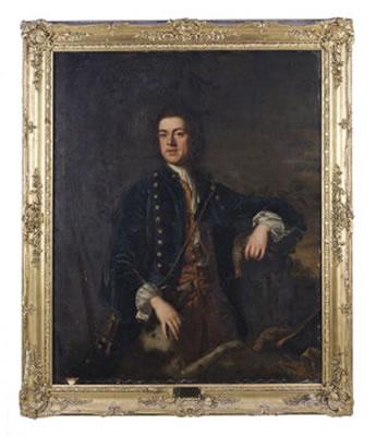 Portrait most likely to be William Stewart of Killymoon married to Isabella King, standing 3/4 length with his dog and gun and holding a partridge, in a landscape with dead game