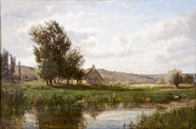 A Farm Cottage by a Pond with Figure and Animals
