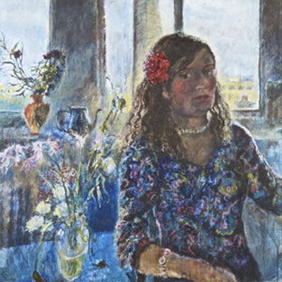 Seated Self-Portrait with Floral Dress and Red Rose in Hair by Sarah Longley - Auction record, sale price, and art valuation. Compare with similar artists and explore comparable artworks.