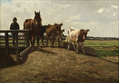 A Drover with a Horse and Cattle Crossing a Bridge, Evening