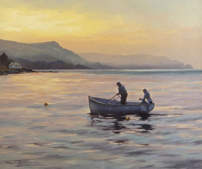 Pulling in the Nets at Sunset, Donegal by Hamilton Sloan - Auction record, sale price, and art valuation. Compare with similar artists and explore comparable artworks.