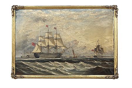 H.M.S. Marlborough and The Red Squadron off Spithead with Portsmouth and The Royal Yacht Osborne II in the background