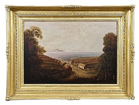 A view of Ireland's Eye, Howth Harbour, with cottages and figures in the foreground