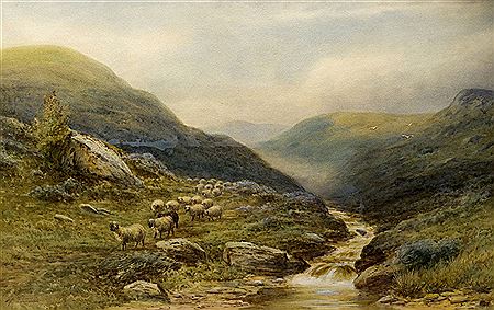 SHEEP IN A HIGHLAND LANDSCAPE BESIDE A BURN