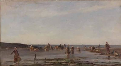 Villerville, pêcheurs à pied au banc des Ratiers