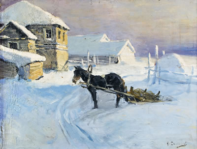 Winter landscape with sleighs