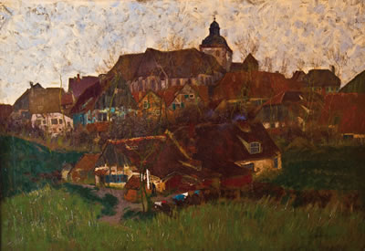 Blick auf ein Kirchdorf (Oberkaufungen in Hessen?)